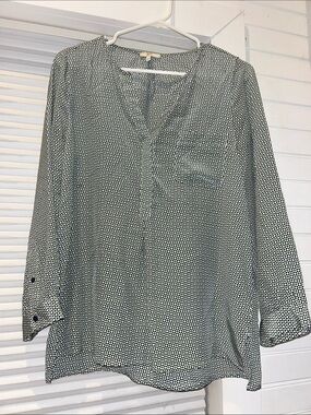 Joie 100% Silk Geometric Print V-Neck Top | Blue/White/Green | Size S